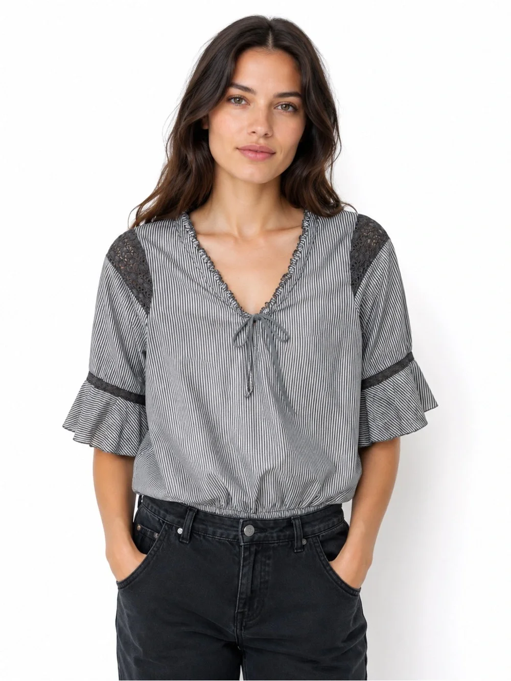 Free People Striped Boho Peasant Top Lace Detail Bell Sleeves Size‎ 2